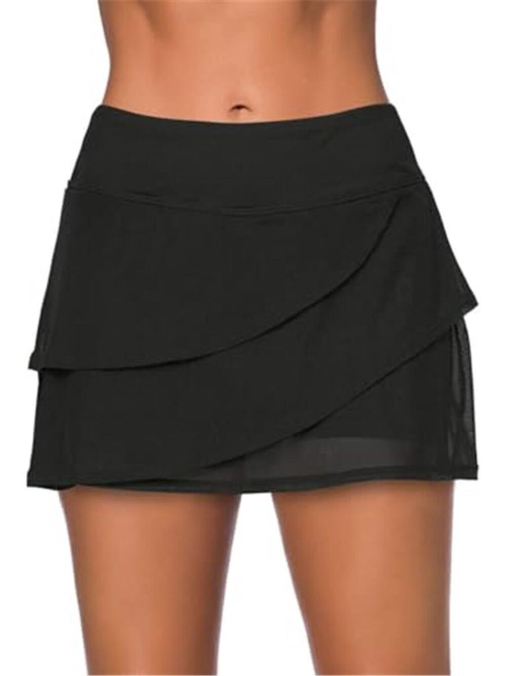 Aleumdr Black Layered Ruffle Swim Skirt High Waist Swimsuit Bottom